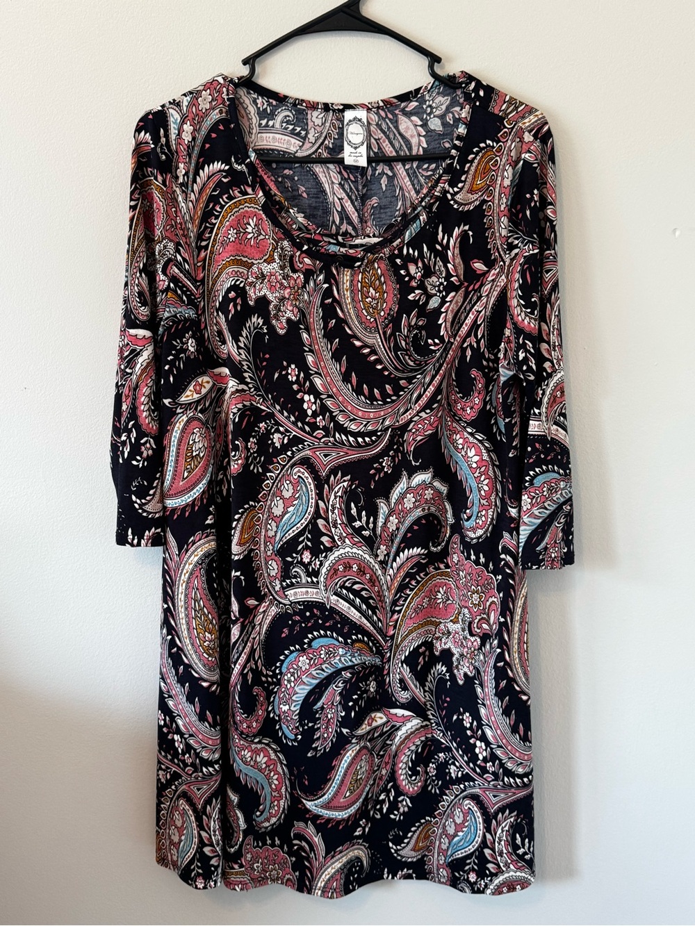 Honeyme Black Paisley Scoop Neck Long Sleeve Dress with Pink and Blue Accents